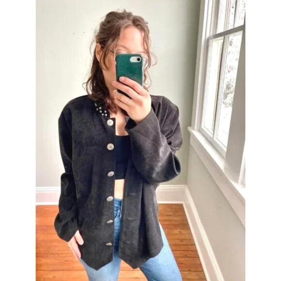 Vintage Suede Black Western Silver Oversized Shacket Button Down Jacket - Picture 7 of 7